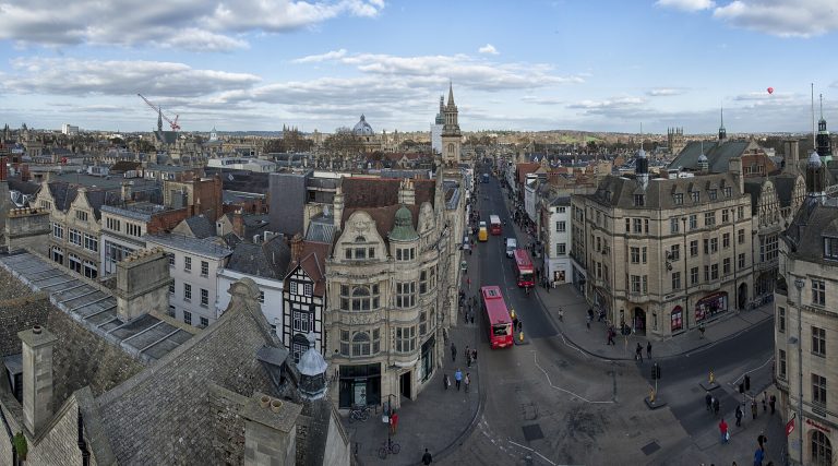 The view over Oxford rooftops and spires from the top of Carfax Tower